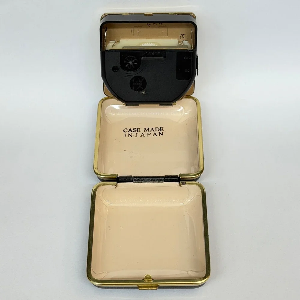 Vintage Marcel Folding Travel Alarm Clock Quartz Japan Black Gold Case Retro